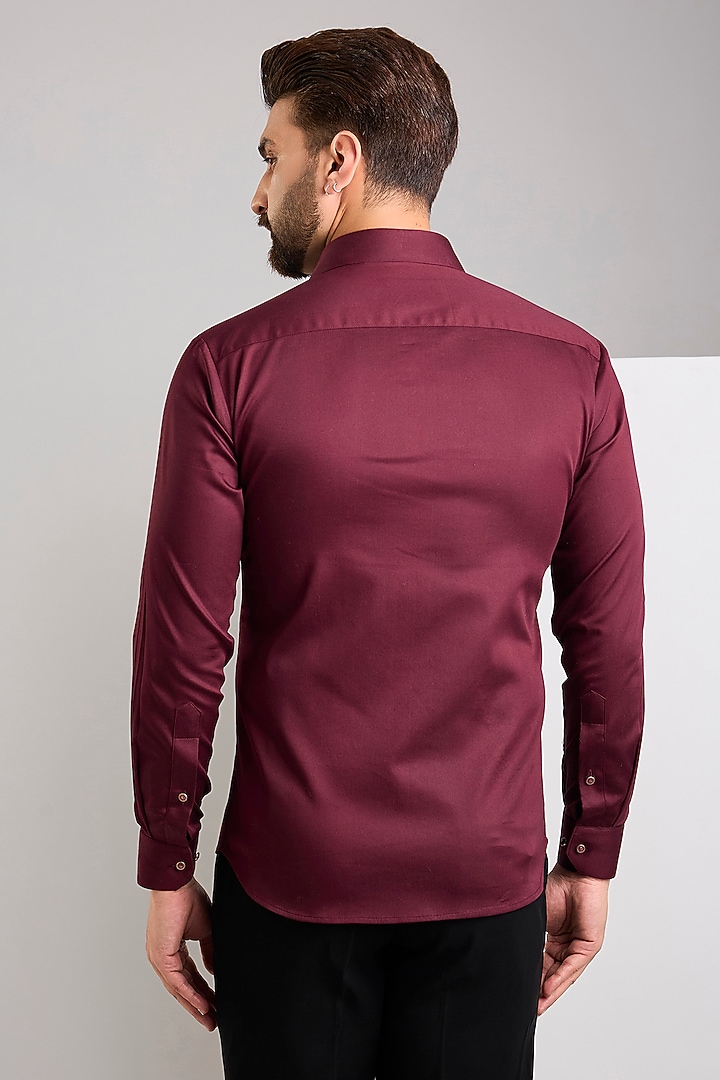 Wine Cotton Satin Hand Embroidered Party Wear Shirt by Zoop Men at Pernia's Pop Up Shop