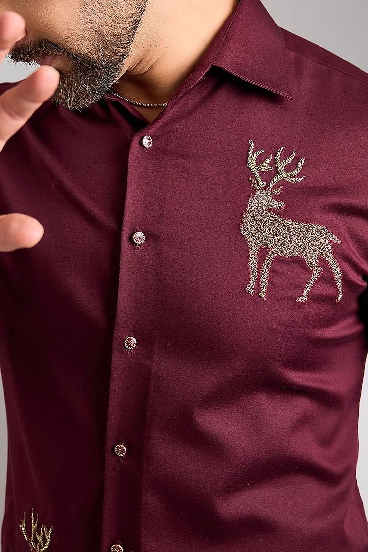 Wine Cotton Satin Hand Embroidered Party Wear Shirt by Zoop Men at Pernia's Pop Up Shop