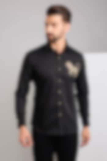 Black Cotton Satin Hand Embroidered Party Wear Shirt by Zoop Men at Pernia's Pop Up Shop