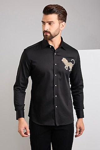 Black Cotton Satin Hand Embroidered Shirt by Zoop Men