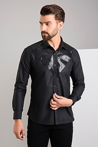 Black Cotton Satin Metallic Stripe Shirt by Zoop Men