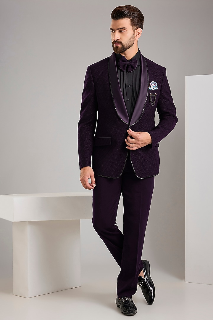 Purple Jacquard Tuxedo Set by Zoop Men at Pernia's Pop Up Shop