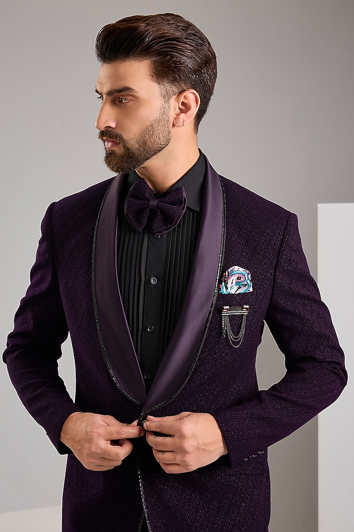 Purple Jacquard Tuxedo Set by Zoop Men at Pernia's Pop Up Shop