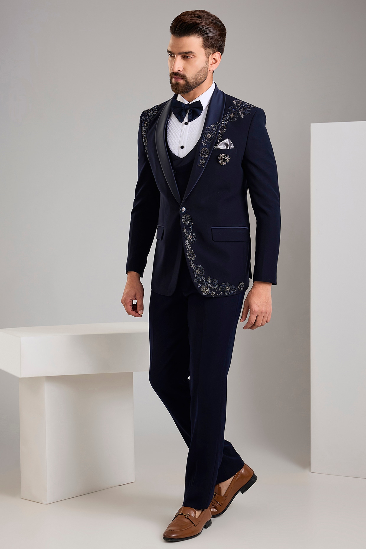 Navy Blue Japanese Stretch Fabric Hand Tuxedo Set by Zoop Men at