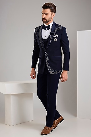 Navy Blue Japanese Stretch Fabric Hand Tuxedo Set by Zoop Men