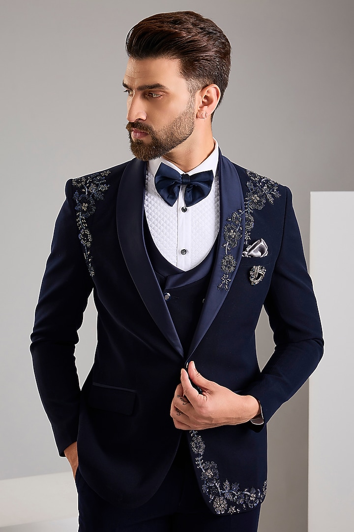 Navy Blue Japanese Stretch Fabric Hand Tuxedo Set by Zoop Men at Pernia's Pop Up Shop