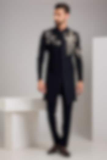 Navy Blue Jacquard Hand Embroidered Wedding Indowestern set by Zoop Men at Pernia's Pop Up Shop