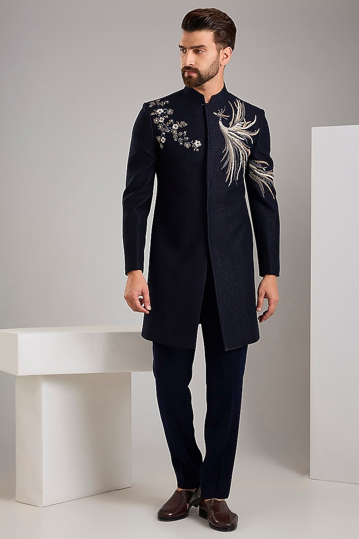 Navy Blue Jacquard Hand Embroidered Wedding Indowestern set by Zoop Men at Pernia's Pop Up Shop