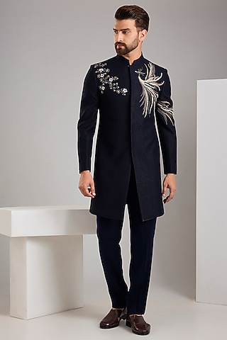 Navy Blue Jacquard Hand Embroidered Indowestern set by Zoop Men