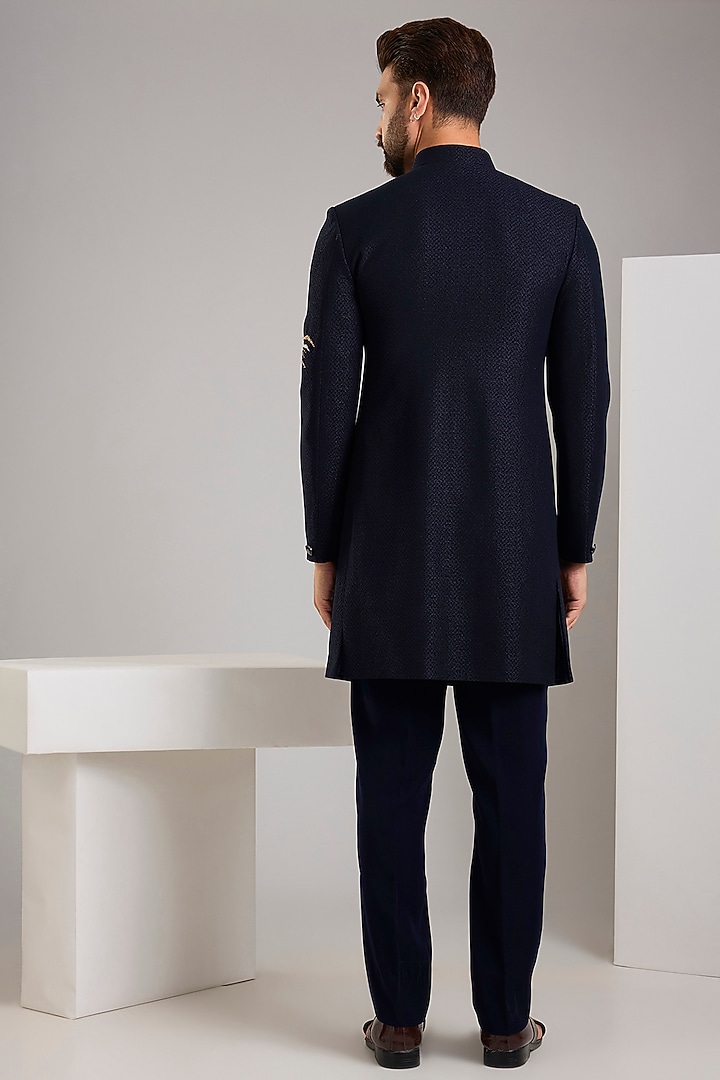 Navy Blue Jacquard Hand Embroidered Wedding Indowestern set by Zoop Men at Pernia's Pop Up Shop