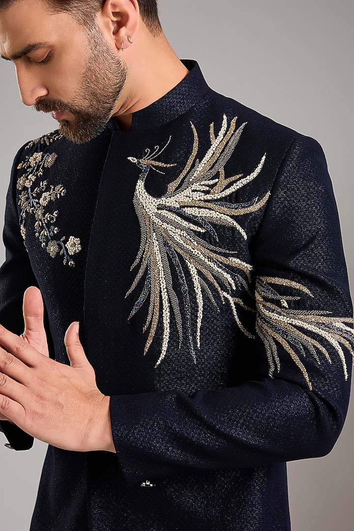 Navy Blue Jacquard Hand Embroidered Wedding Indowestern set by Zoop Men at Pernia's Pop Up Shop