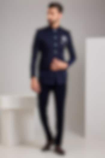 Navy Blue Jacquard Bandhgala Set by Zoop Men at Pernia's Pop Up Shop