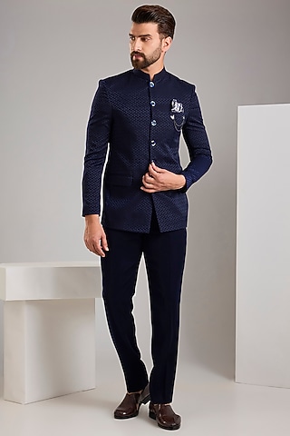 Navy Blue Jacquard Bandhgala Set by Zoop Men