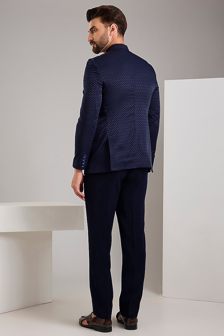 Navy Blue Jacquard Bandhgala Set by Zoop Men at Pernia's Pop Up Shop