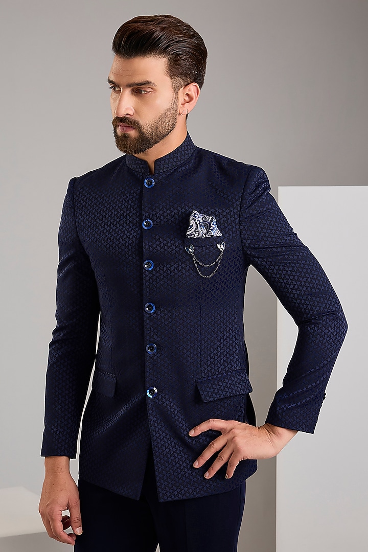 Navy Blue Jacquard Bandhgala Set by Zoop Men at Pernia's Pop Up Shop