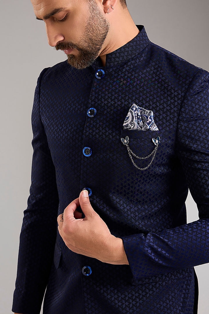 Navy Blue Jacquard Bandhgala Set by Zoop Men at Pernia's Pop Up Shop
