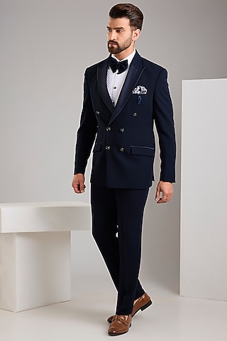 Blue Jacquard Double Breasted Tuxedo Set by Zoop Men