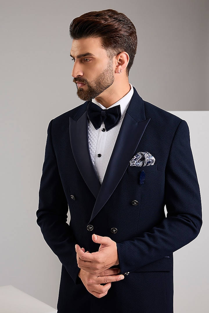 Blue Jacquard Double Breasted Tuxedo Set by Zoop Men at Pernia's Pop Up Shop