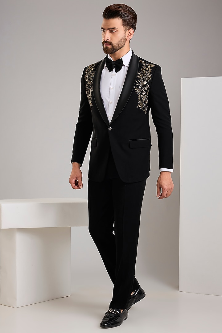Black Japanese Stretch Fabric Hand Embroidered Tuxedo Set by Zoop Men at Pernia's Pop Up Shop