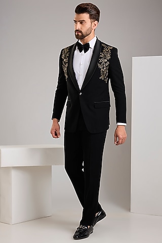 Black Japanese Stretch Fabric Hand Embroidered Tuxedo Set by Zoop Men