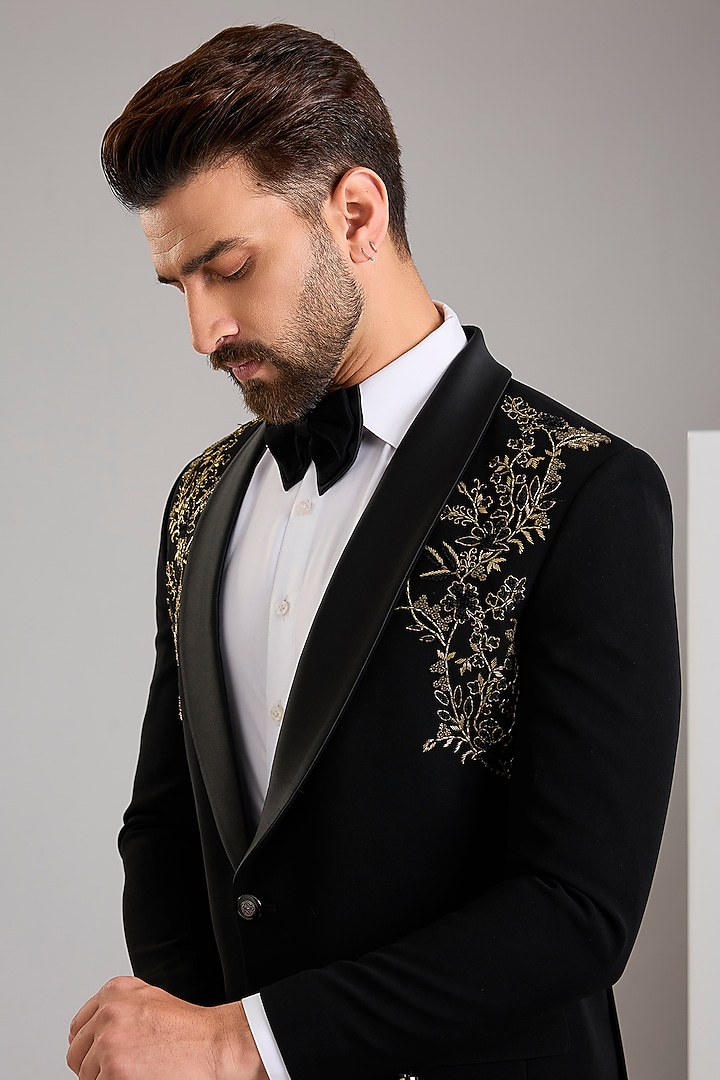 Black Japanese Stretch Fabric Hand Embroidered Tuxedo Set by Zoop Men at Pernia's Pop Up Shop