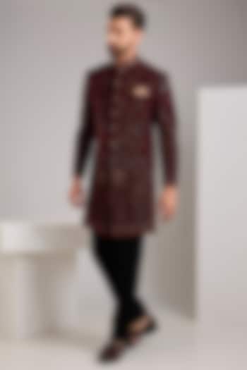 Wine Velvet Bead Embellished Wedding Indowestern Set by Zoop Men at Pernia's Pop Up Shop