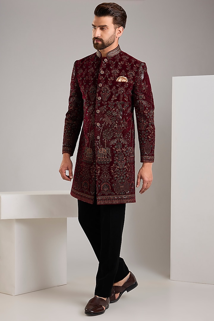 Wine Velvet Bead Embellished Wedding Indowestern Set by Zoop Men at Pernia's Pop Up Shop