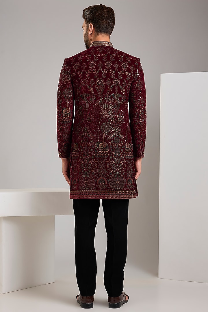 Wine Velvet Bead Embellished Wedding Indowestern Set by Zoop Men at Pernia's Pop Up Shop