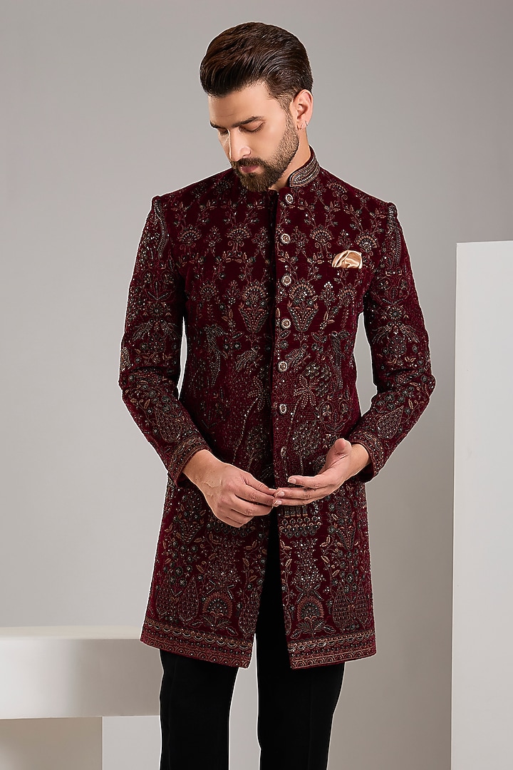 Wine Velvet Bead Embellished Wedding Indowestern Set by Zoop Men at Pernia's Pop Up Shop