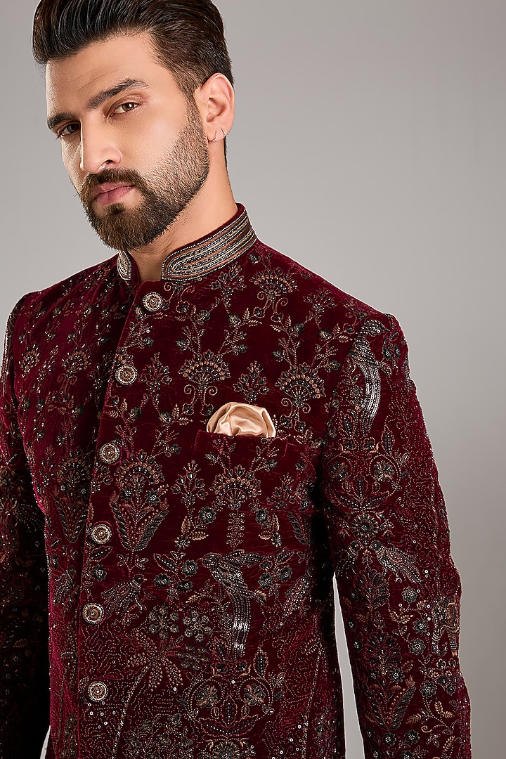 Wine Velvet Bead Embellished Wedding Indowestern Set by Zoop Men at Pernia's Pop Up Shop