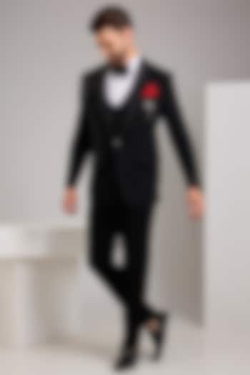 Black Japanese Stretch Fabric Hand Embroidered Tuxedo Set by Zoop Men at Pernia's Pop Up Shop