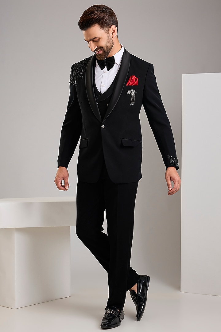 Black Japanese Stretch Fabric Hand Embroidered Tuxedo Set by Zoop Men at Pernia's Pop Up Shop