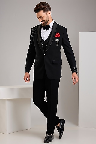 Black Japanese Stretch Fabric Hand Embroidered Tuxedo Set by Zoop Men