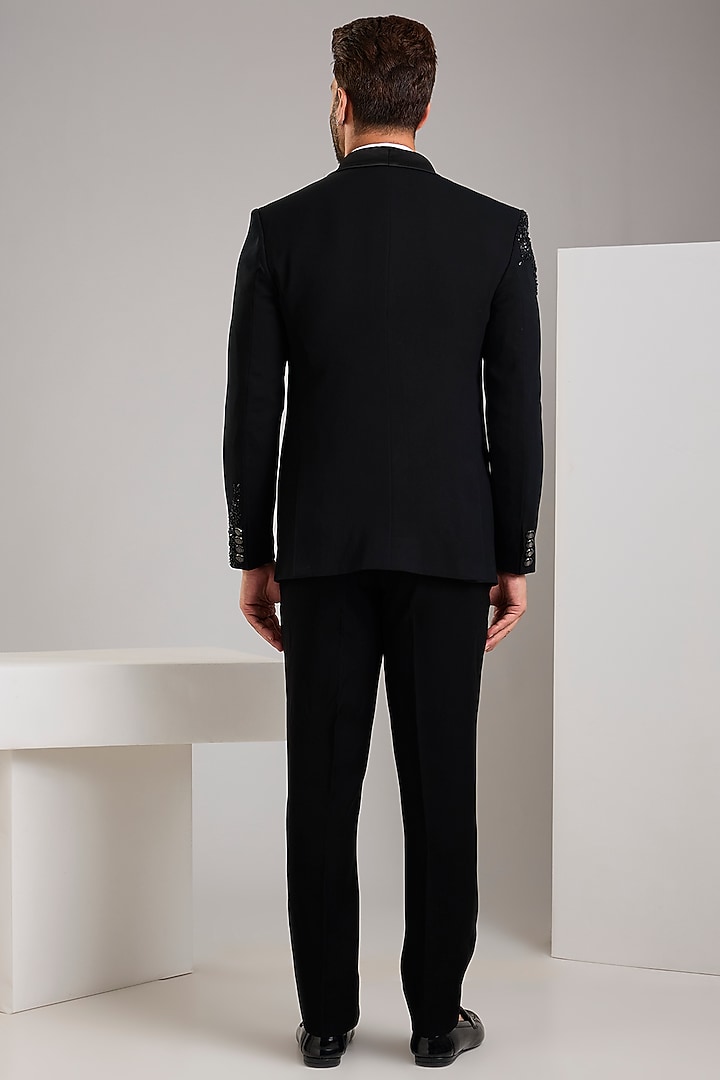 Black Japanese Stretch Fabric Hand Embroidered Tuxedo Set by Zoop Men at Pernia's Pop Up Shop