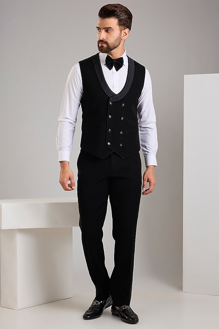 Black Japanese Stretch Fabric Hand Embroidered Tuxedo Set by Zoop Men at Pernia's Pop Up Shop