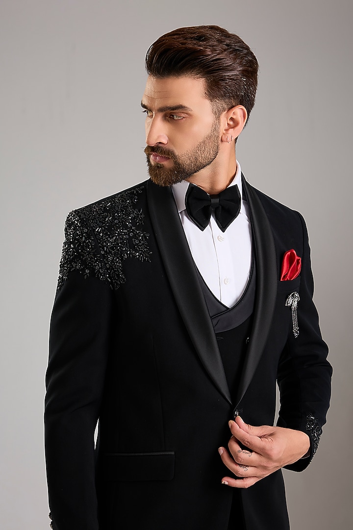 Black Japanese Stretch Fabric Hand Embroidered Tuxedo Set by Zoop Men at Pernia's Pop Up Shop