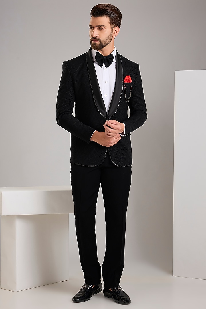 Black Jacquard Hand Embroidered Tuxedo Set by Zoop Men at Pernia's Pop Up Shop