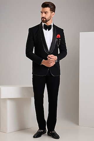 Black Jacquard Hand Embroidered Tuxedo Set by Zoop Men