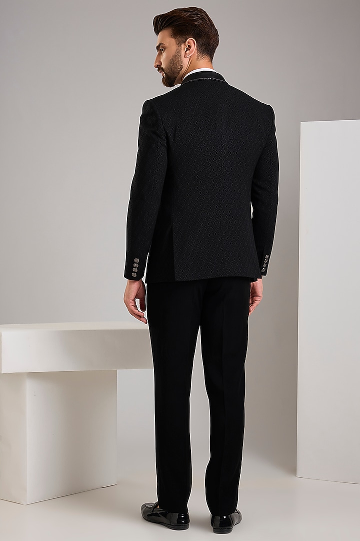 Black Jacquard Hand Embroidered Tuxedo Set by Zoop Men at Pernia's Pop Up Shop