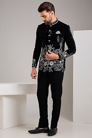 Black Velvet Hand Embroidered Bandhgala Set by Zoop Men
