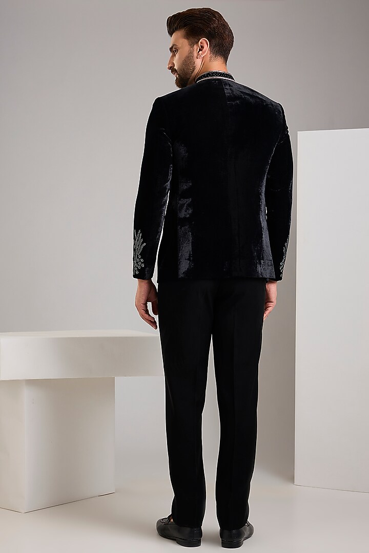 Black Velvet Hand Embroidered Wedding Bandhgala Set by Zoop Men at Pernia's Pop Up Shop