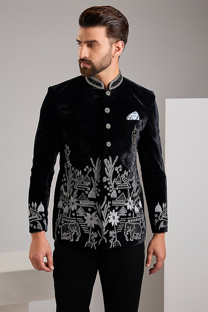 Black Velvet Hand Embroidered Wedding Bandhgala Set by Zoop Men at Pernia's Pop Up Shop