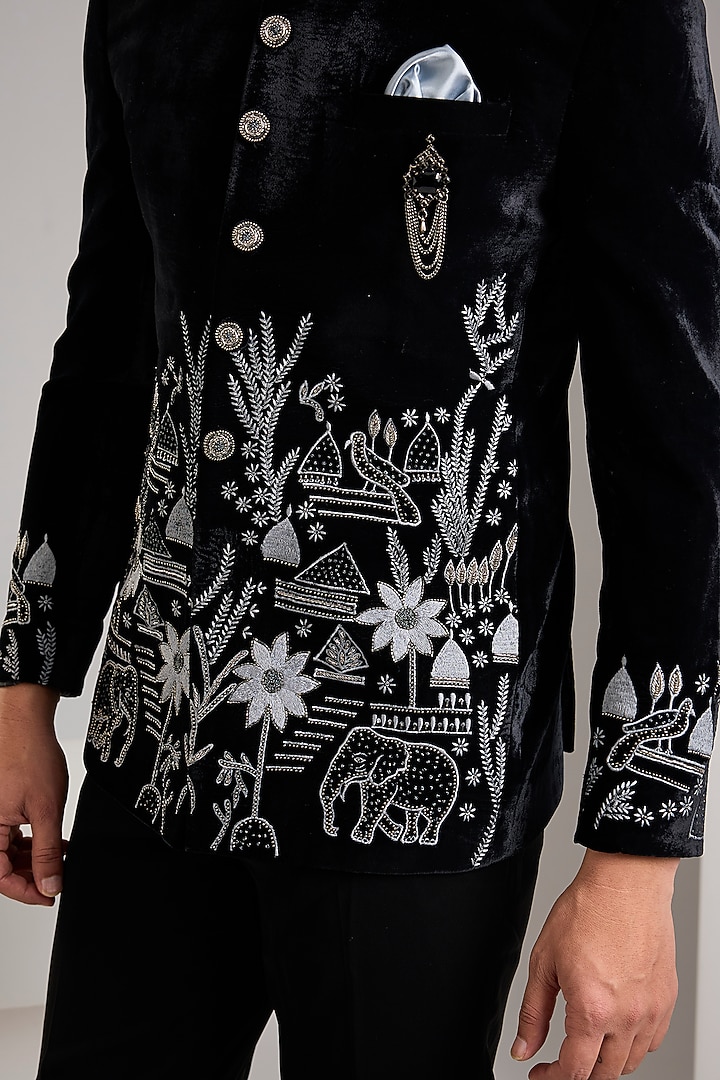 Black Velvet Hand Embroidered Wedding Bandhgala Set by Zoop Men at Pernia's Pop Up Shop