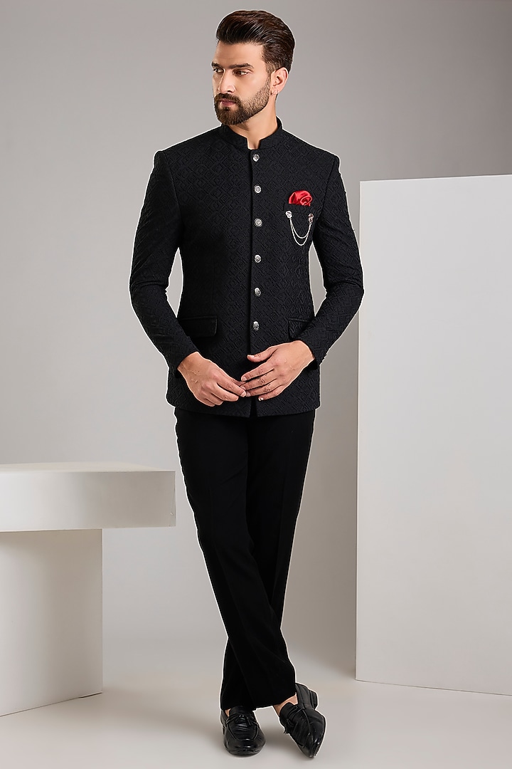 Black Jacquard Bandhgala Set by Zoop Men at Pernia's Pop Up Shop