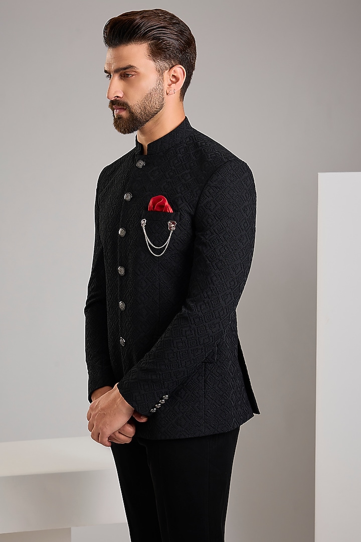 Black Jacquard Bandhgala Set by Zoop Men at Pernia's Pop Up Shop
