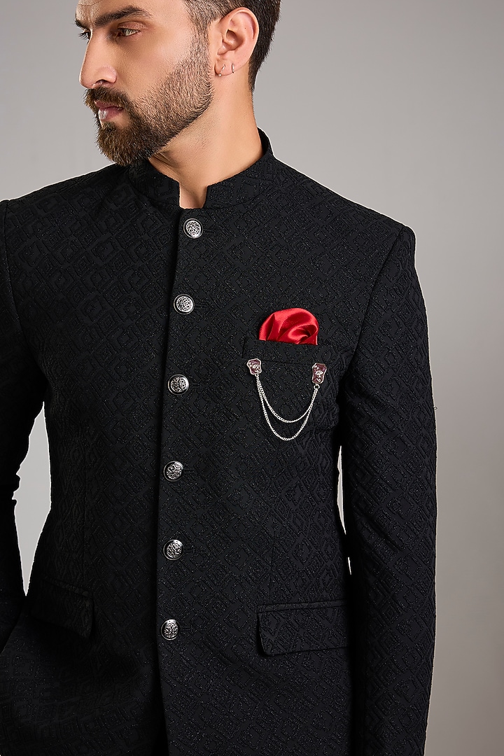 Black Jacquard Bandhgala Set by Zoop Men at Pernia's Pop Up Shop