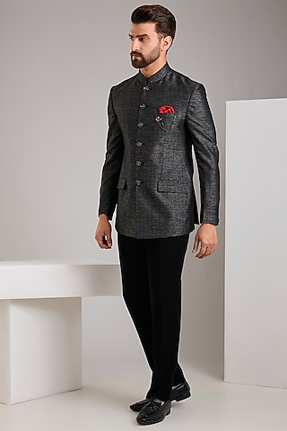 Black Jacquard Bandhgala Set by Zoop Men