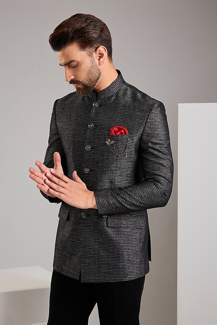 Black Jacquard Bandhgala Set by Zoop Men at Pernia's Pop Up Shop