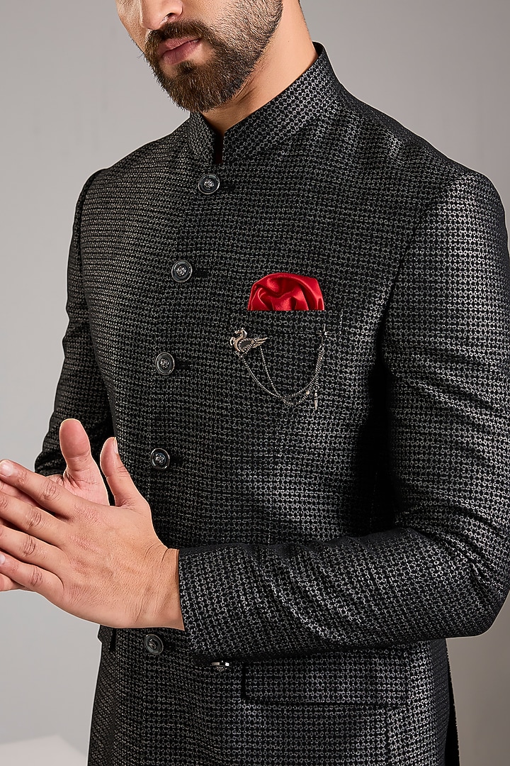 Black Jacquard Bandhgala Set by Zoop Men at Pernia's Pop Up Shop