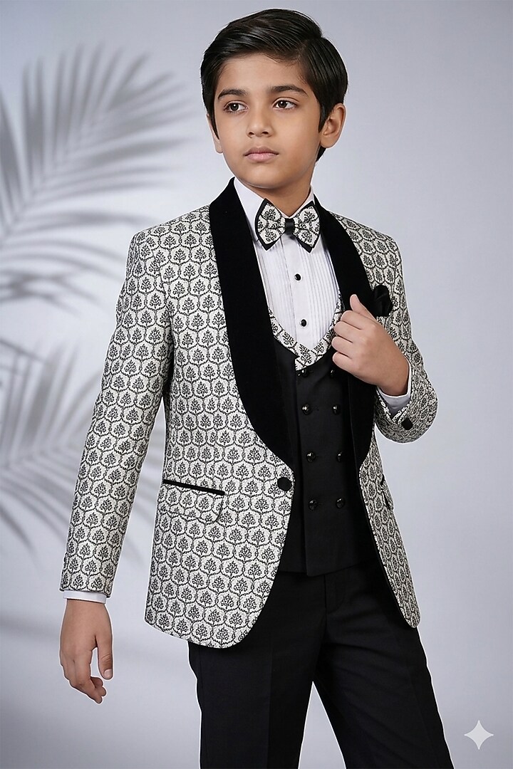 Black & White Embroidered Jacquard Tuxedo Set For Boys by Zoop Kids at Pernia's Pop Up Shop